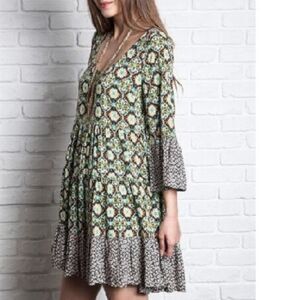 KORI Boho Dress Tunic Hippie Urban Green Black Country Mixed Print S